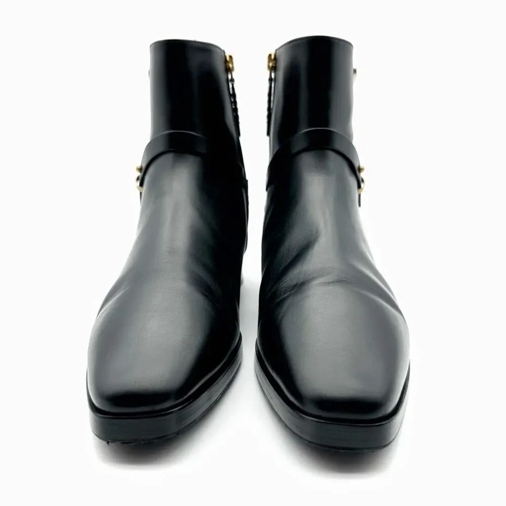 GUCCI Elite GG Ankle Boots Size 38.5 US 8.5 Black Leather Harness Low Heel Calf